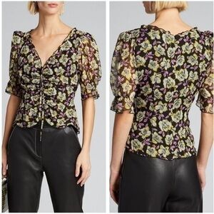 Cinq a Sept Kimberly Floral Ruffle Short Sleeve Ruched Top in Black Multi Size S